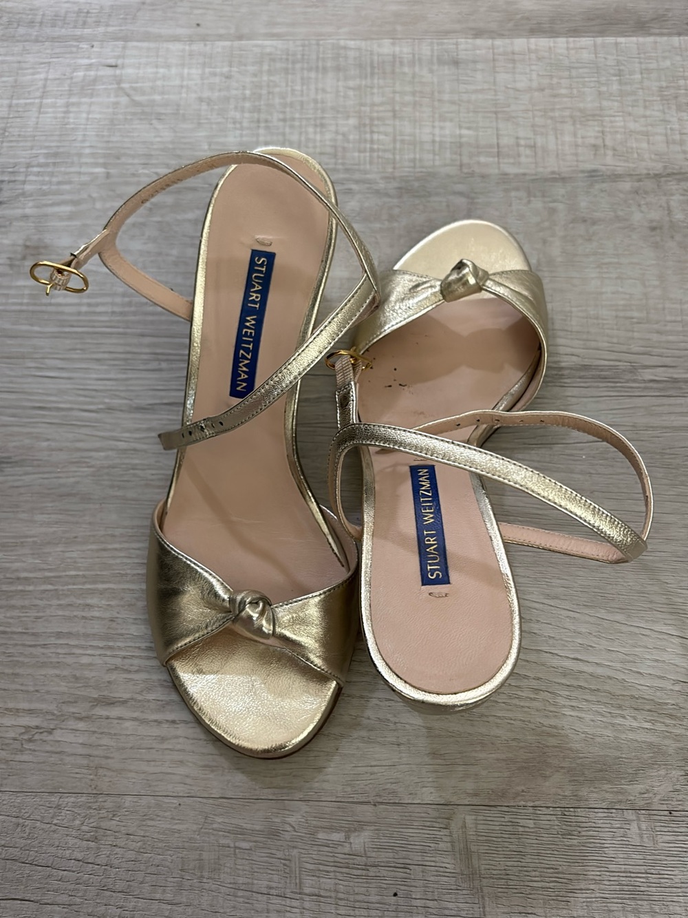 Stuart Weitzman Metallic Gold Knot Ankle-Strap Sandals
